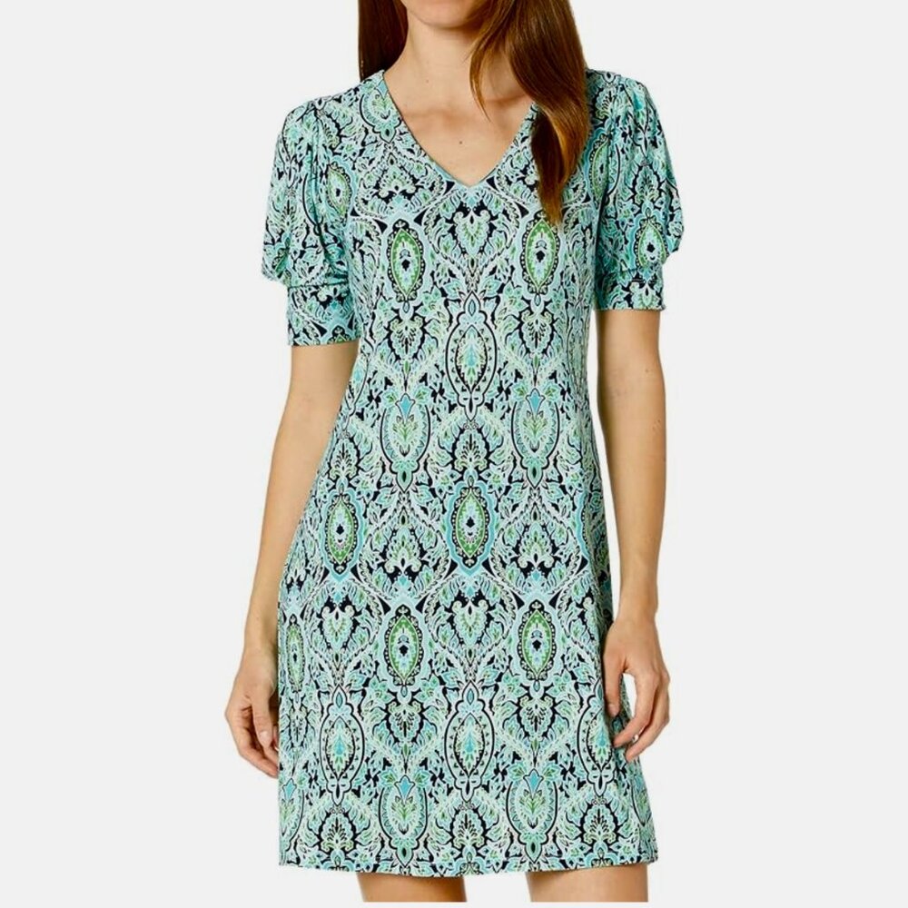 Tommy Hilfiger Sheath Dress Stretch V-Neck Size2 Pullover Medallion /Boho Damask